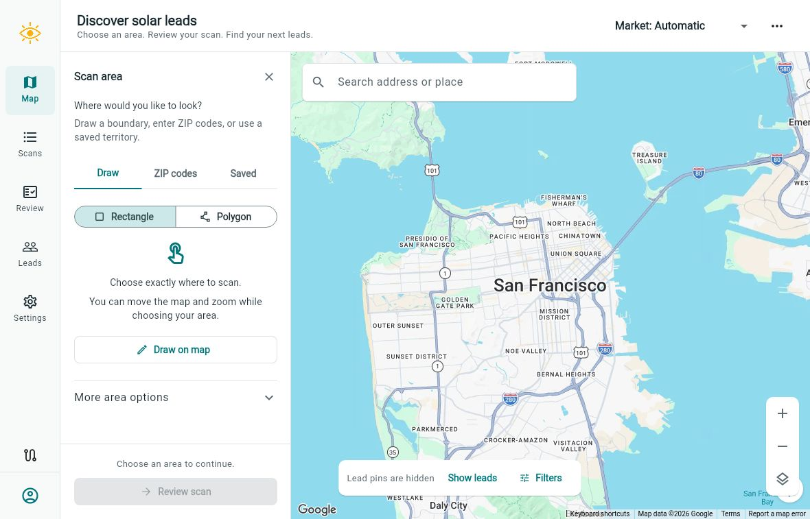 Solar Vision product preview showing scan-area controls and a map of San Francisco