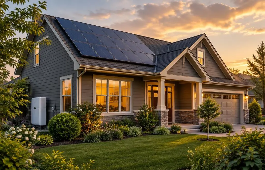 Solar-equipped home at dusk with a residential battery