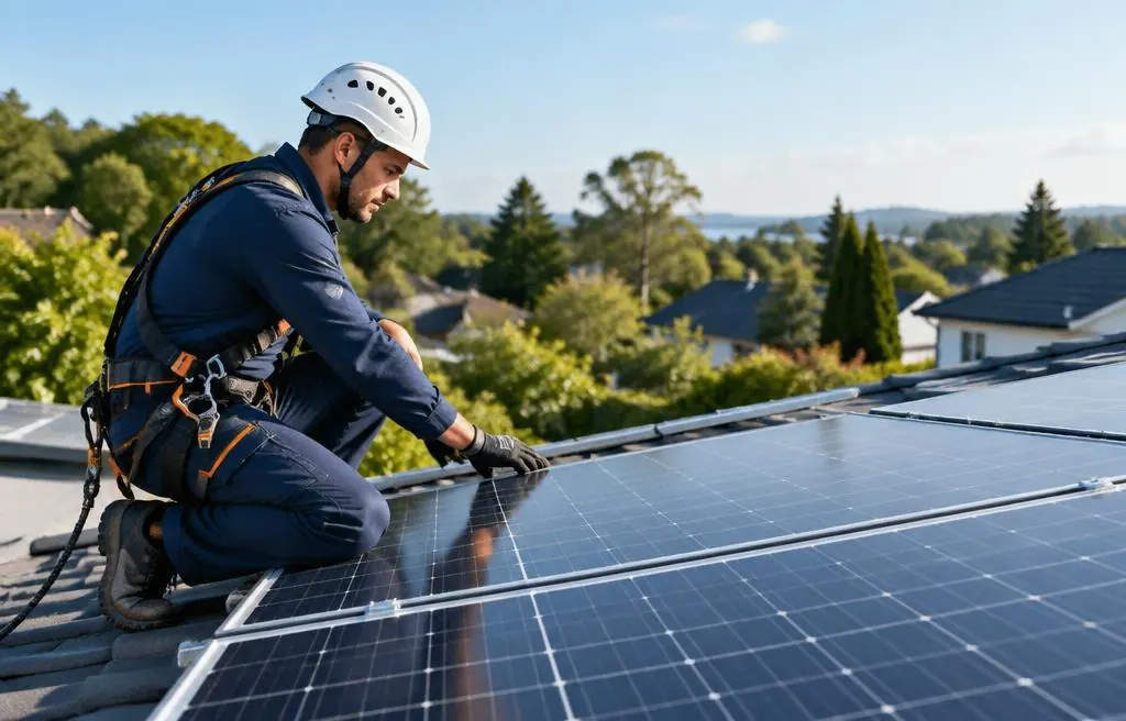 Technician inspecting a home's rooftop solar panels